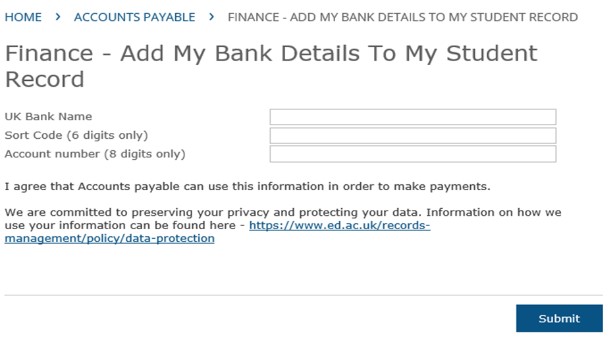 Accounts Payable Student Bank Details form